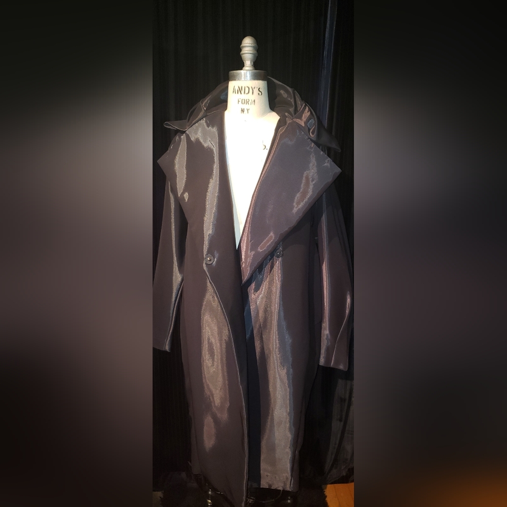 Donna Karan Black Label silk cocoon tailored sleeves glossy black coat - Picture 3 of 16